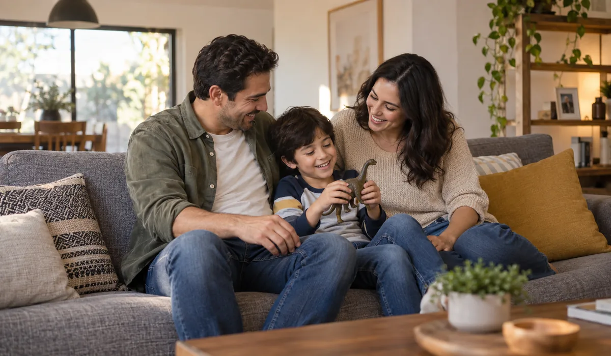 Padre, madre e hijo compartiendo tiempo juntos en la sala de su casa