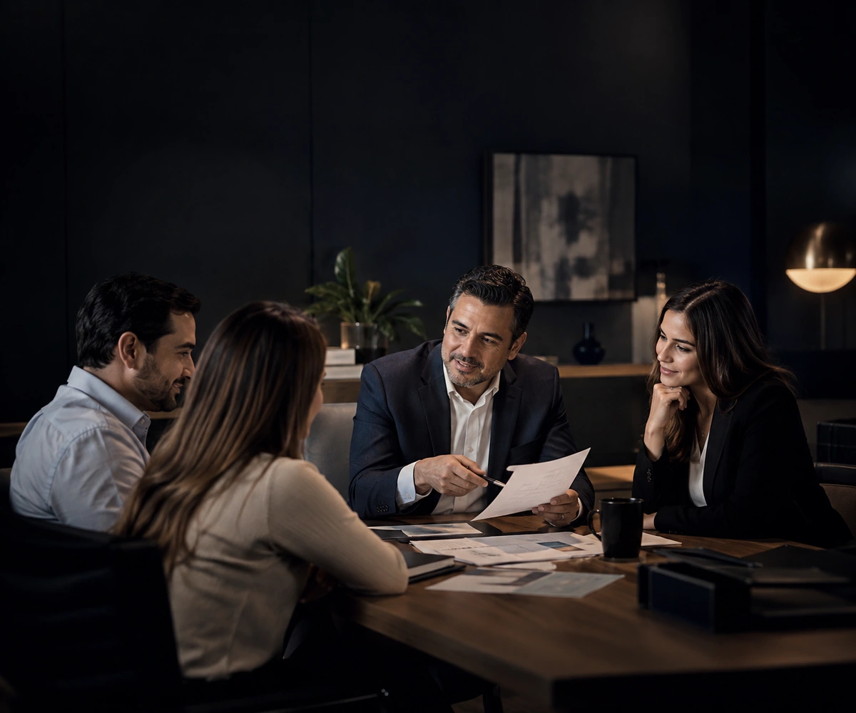 Asesor de crédito conversando con sus clientes en una oficina
